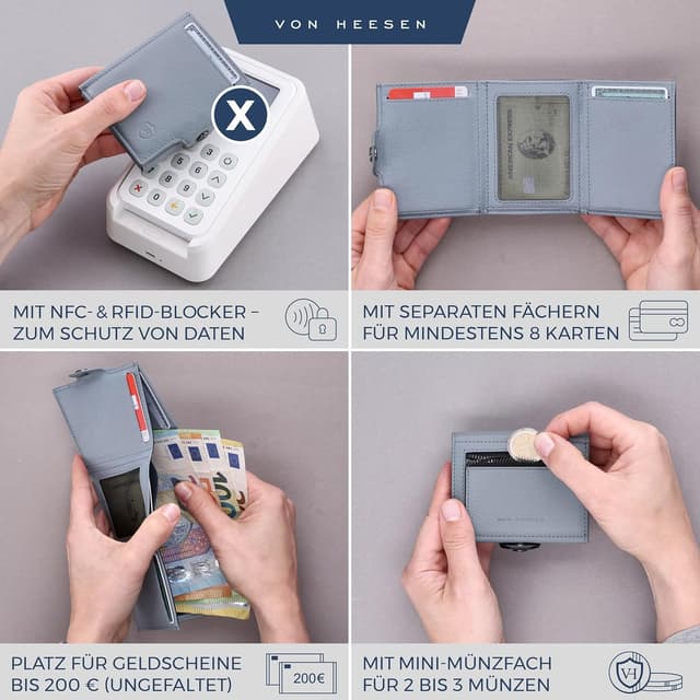 Detalle de VON HEESEN Slim Wallet mit Münzfach und RFID-Schutz – Mini-Geldbörse aus Leder in Hellblau