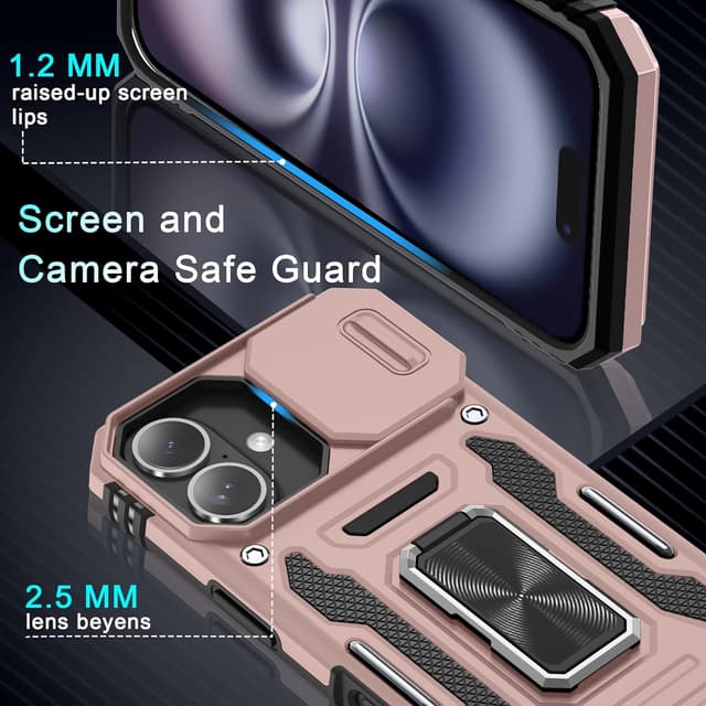 Detalle de DEERLAMN iPhone 16 Armor Case with Sliding Camera Cover + Rotating Ring Kickstand (2 Pack Screen Protectors) – Rose Gold