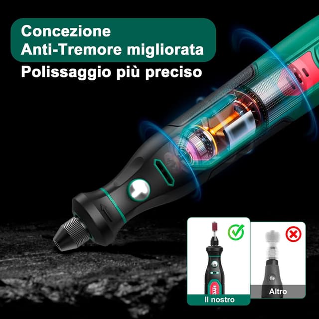 Detalle de HYCHIKA Mini Trapano 3,6V con ricarica USB-C e 77 accessori per foratura, levigatura e incisione