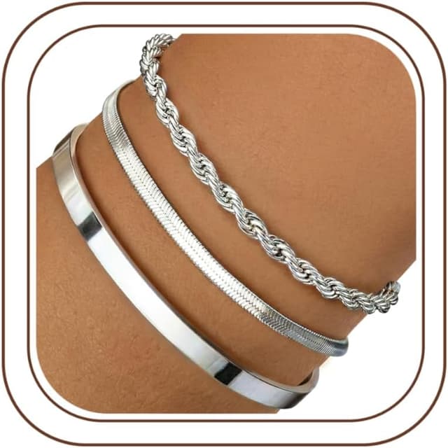 Thumbnail 6 de Finrezio 3–5er Armband-Set Damen Gold – 14 Karat vergoldet, verstellbar, Figaro & Perlen