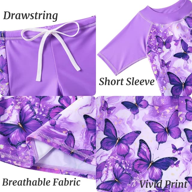 Detalle 2 de Fanient Girls Two-Piece Short Sleeve Swimsuit (UPF 50+), Age 4–10