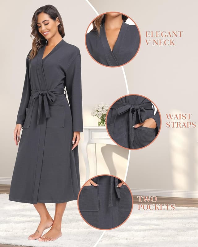 Detalle de Sopesil Peignoir en coton texturé (waffle) pour femme, kimono long avec col en V et poches