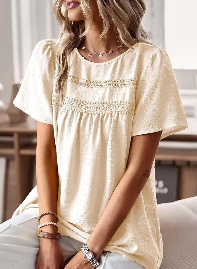 Detalle de TUUHAW Femme chemisier boho en dentelle à manches courtes et col rond