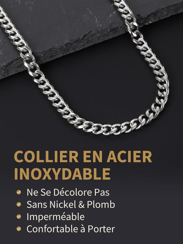 Detalle 2 de FindChic Chaîne homme en acier inoxydable 316L maille gourmette cubaine large 6/9 mm