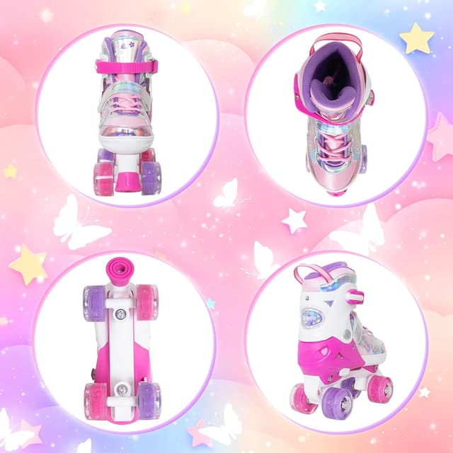 Detalle de Nattork Kids Roller Skates (Adjustable Quad Skates, 4 Sizes) with Light-Up Butterfly & Flower Wheels
