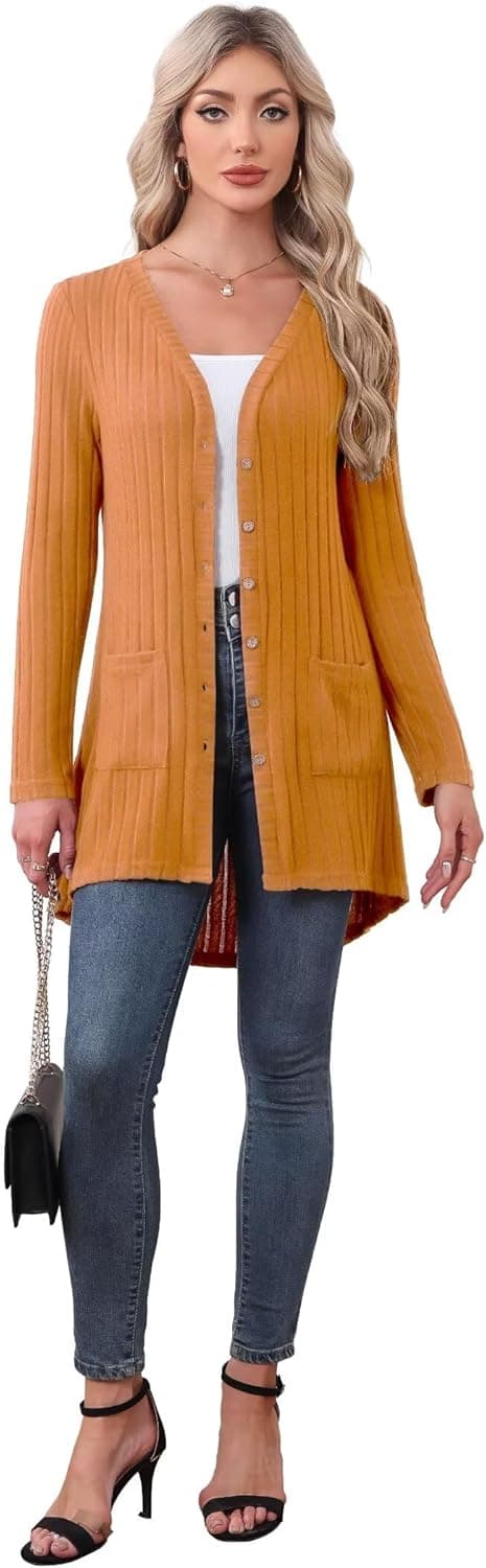 Detalle de YGJIEGENG Women’s Long Sleeve Open-Front Cardigan with Pockets, Ribbed Knit (M–3XL)