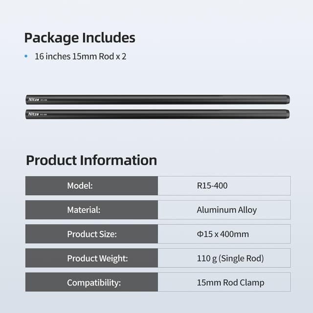 Detalle de Nitze 15mm Rod R15-400 (40 cm) aus eloxierter Aluminiumlegierung mit M11 Innengewinde – 2er-Set