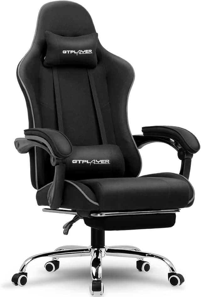 Detalle de GTPLAYER Gaming Chair with Footrest, Lumbar Support, Headrest, and Height Adjustment (Black Faux Leather)