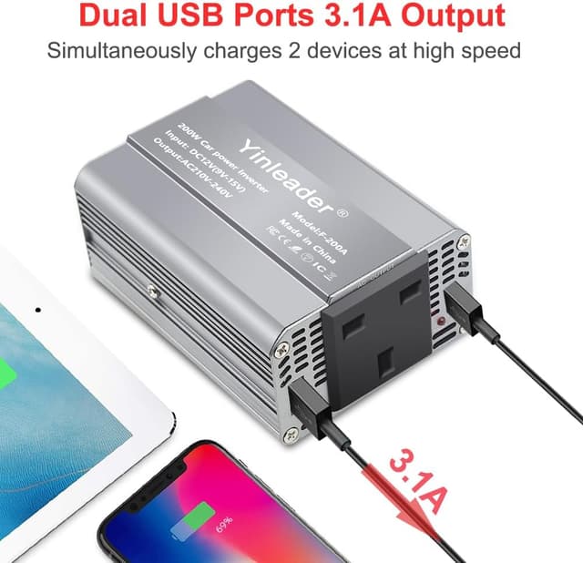 Detalle 2 de Yinleader 200W Car Power Inverter (DC 12V to 230V AC) with 1 UK Socket and 2 USB Ports