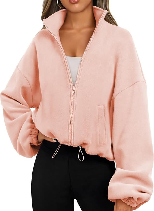 Thumbnail 6 de Famulily women’s drawstring hem full-zip fleece cropped sweatshirt jacket with pockets (S–XL)