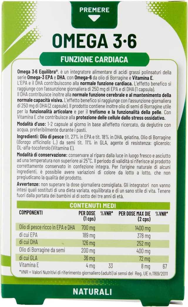 Detalle 2 de equilibra Omega 3-6 integratore 32 capsule per cuore e vista 💊
