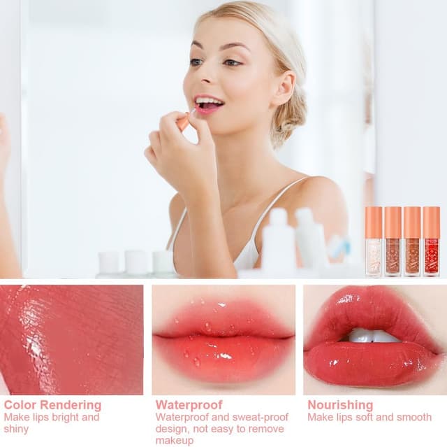 Detalle de Coffret AOOWU 4 soins liquides brillants à lèvres (huiles + gloss) — brillance durable et texture légère