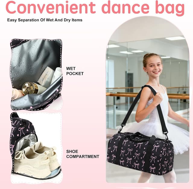 Thumbnail 6 de LOIDOU Sporttasche Reisetasche mit großem Schuhfach & Nassfach – Schwarz/Rosa (Herz + Bogen)