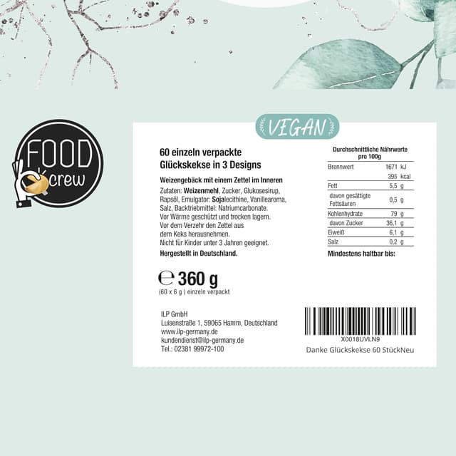 Detalle 2 de FOOD crew 60 Glückskekse „Danke“ – vegane Glückskekse in Geschenkbox, einzeln verpackt