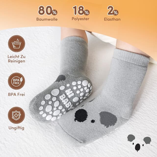Detalle 2 de SockWaddles Stoppersocken Kinder & Baby – 5 Paar ABS Antirutschsocken aus Baumwolle (Jungen & Mädchen Crew)