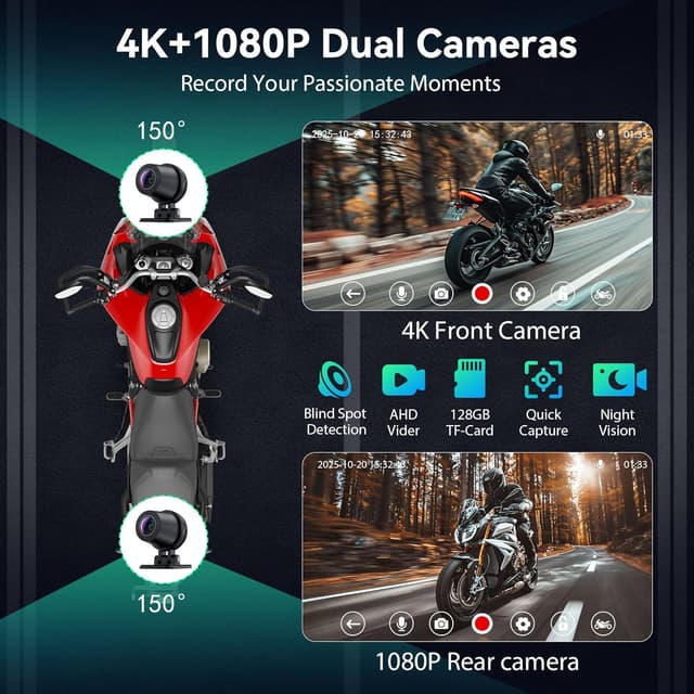 Detalle de Wireless Motorcycle CarPlay & Android Auto GPS (7-Inch Touchscreen) with AHD Dual Cam, Siri/Google Assistant, Looping, GPS, TMPS, IP69K