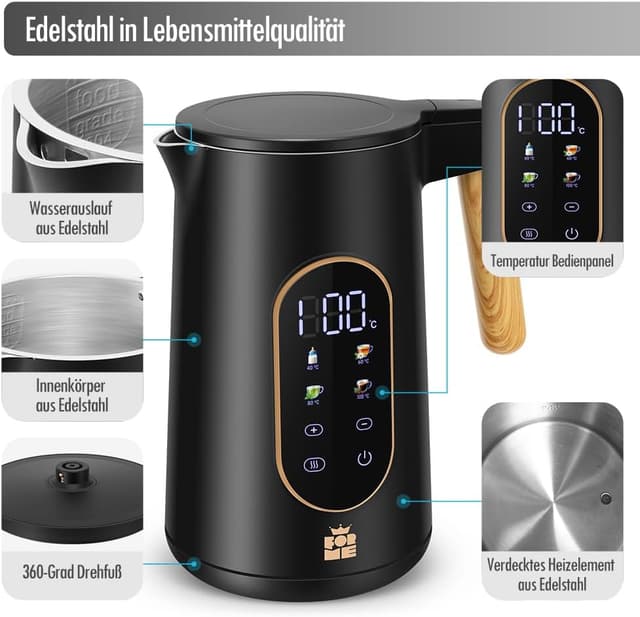 Detalle de FOR ME ForMe Edelstahl-Wasserkocher 1,7 L mit Temperaturwahl 40–100 °C und Warmhaltefunktion