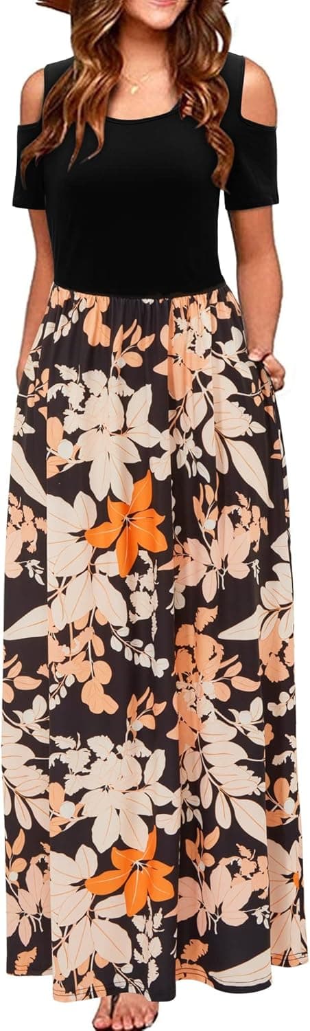 Detalle de STYLEWORD Robe longue femme d’été florale à épaules dénudées et poches