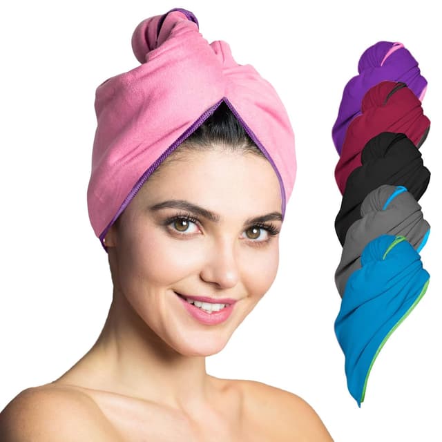 Detalle de Fit-Flip Haarturban Mikrofaser – 2er-Set Haarhandtuch mit Knopf, schnelltrocknend (rosa-lila)