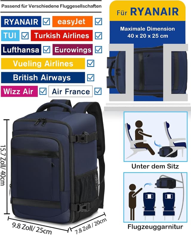 Detalle de KLOSTAIN Handgepäck-Rucksack 40x20x25 cm (Ryannair-/Eurowings-tauglich) – Tiefblau