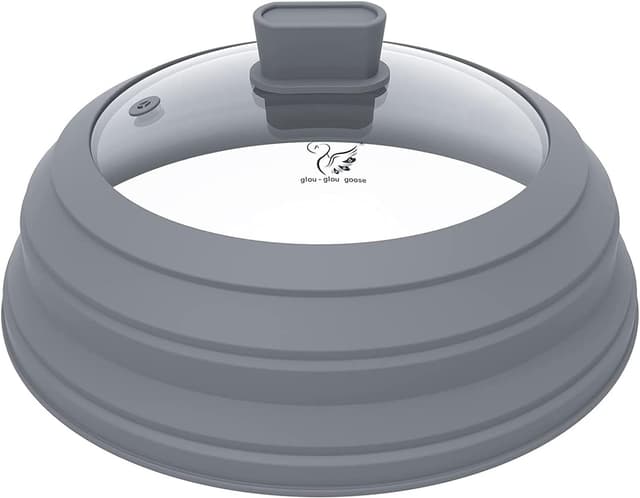 Detalle de Microwave Splatter Cover Glass Splatter Guard Lid with Collapsible Silicone Handle (11.8-inch, Light Grey)