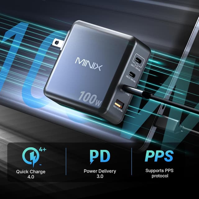 Detalle de MINIX 100W 4-Port USB-C USB-A Foldable Fast Charger with PPS (Max 100W) for MacBook, iPad and iPhones