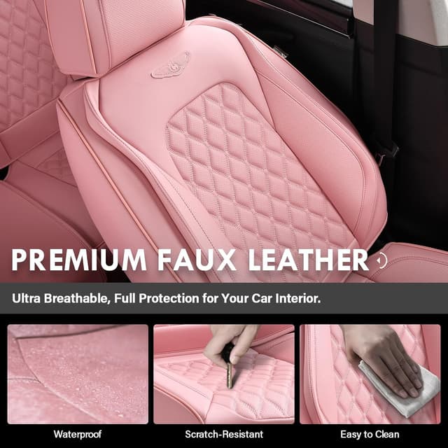 Detalle de Coverado Front Seat Covers in Pink — Luxury Faux Leather, Breathable & Waterproof Universal Protectors