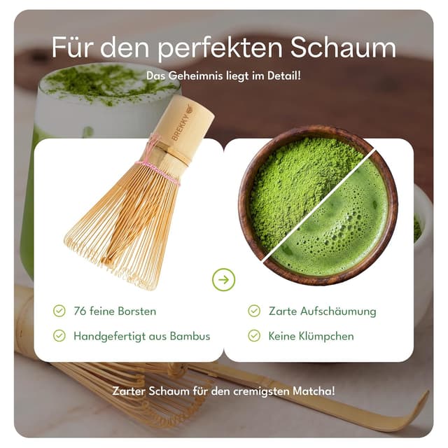 Detalle 2 de BREKKY Matcha Set – Bio Grüntee aus Japan (Pulver, Bambusbesen & Chashaku) in Geschenkverpackung
