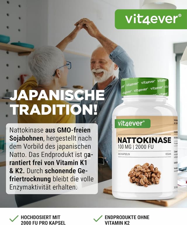 Detalle de vit4ever Nattokinase 100 mg (20.000 FU/g) – 180 Kapseln, vegan