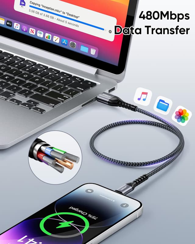 Detalle de SUNGUY Lot de 2 câbles Lightning certifiés MFi (2 m) en nylon