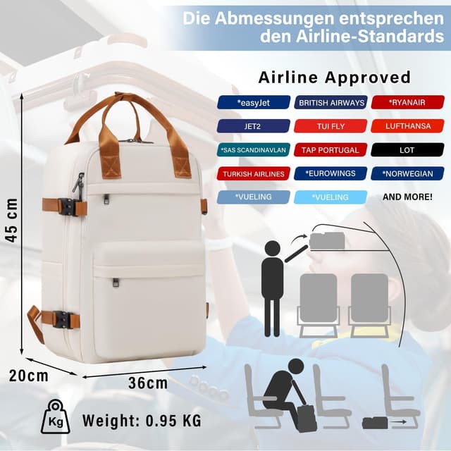Detalle 2 de COOLIFE Handgepäck Rucksack für Easyjet 45×36×20 cm (30L) mit Laptopfach – Weekender für kurze Trips