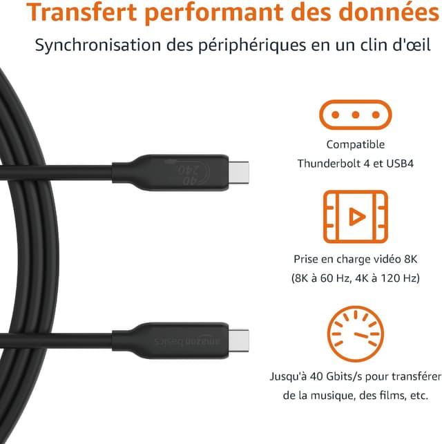Detalle de Amazon Basics Câble USB‑C vers USB‑C 4 (Thunderbolt 4/3) 240 W, données 40 Gbit/s, vidéo 8K, 1 m noir