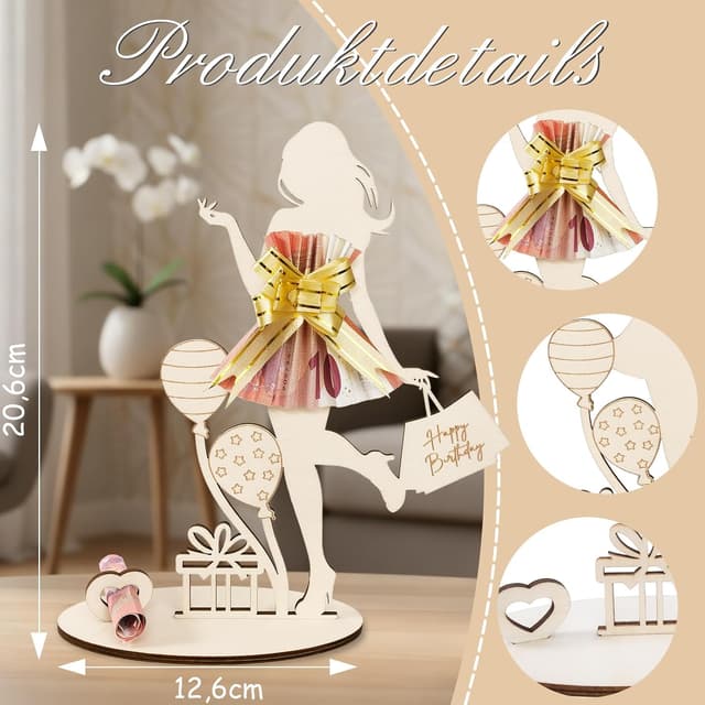 Detalle 2 de Geldgeschenke Geburtstag Frau Mädchen – personalisierbares Holzschild „Happy Birthday“ als Geldgeschenk & Gästebuch