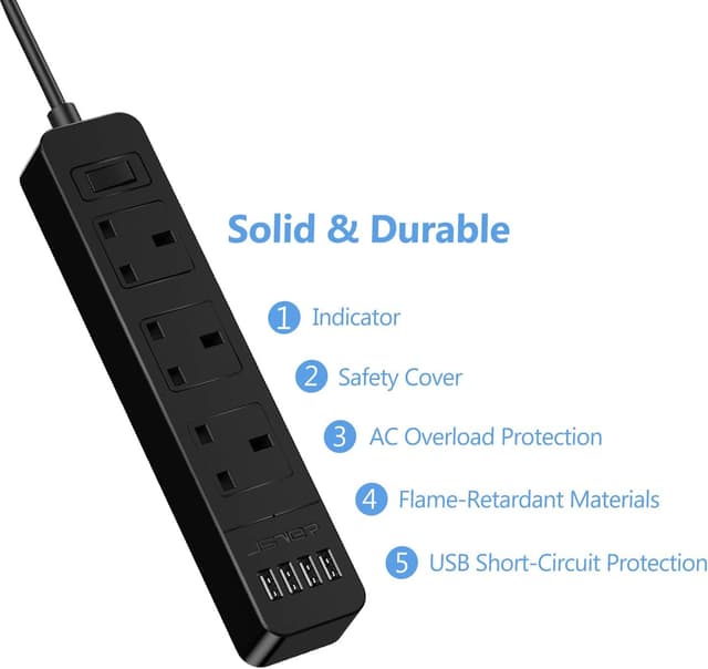 Detalle de JSVER extension lead with 4 USB ports and 3 AC outlets, 200cm cable (smart charging station) — black