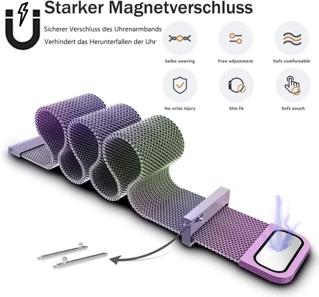 Detalle de ZLZKJS Edelstahl Mesh Uhrenarmband mit Magnetverschluss – 14 bis 24 mm Schnellverschluss-Ersatzband