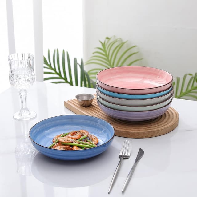 Detalle 2 de Selamica Ceramic Plates and Bowls Set (24-Piece) for 6 — Handpainted Swirl & Gradient Color