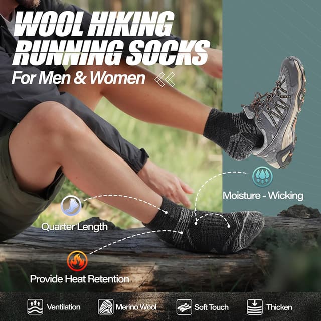 Detalle de ANTSANG 6 Pairs Merino Wool Quarter Socks (Running, Walking, Hiking)
