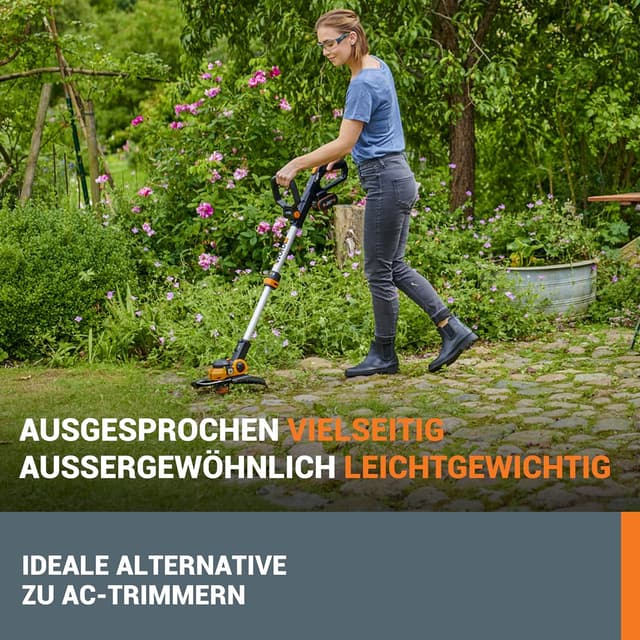 Detalle de WORX WG163E.1 Akku-Rasentrimmer 20V 2-in-1 mit Rad zum Kantenschneiden (30 cm Schnittdurchmesser)