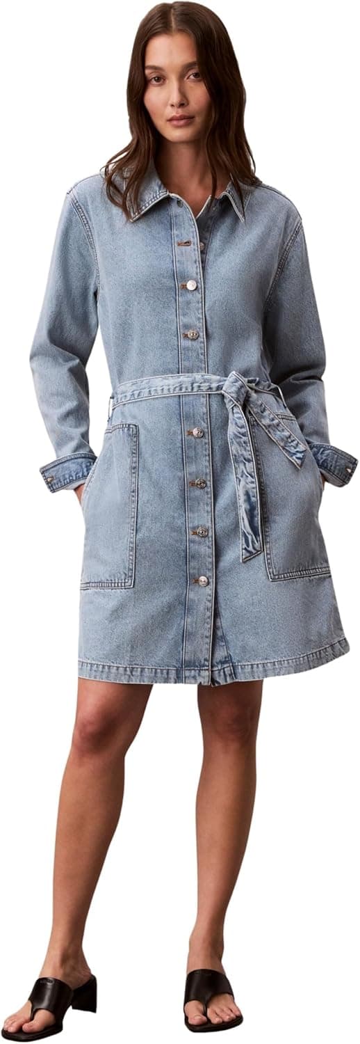 Detalle de Calvin Klein Belted Denim Mini Dress Coastal LV047F671G vestito donna in denim