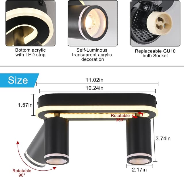 Detalle 2 de SANSHI Deckenleuchte 2-flammig mit LED, schwenkbar 350°: 15W + 2x 5W GU10 Spots, 3000K warmweiß, schwarz