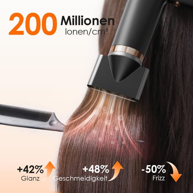 Detalle 2 de Faszin Haartrockner leichter Föhn mit 110.000 RPM bürstenlosem Motor, 200 Mio. Ionen und LED-Anzeige (Schwarz)