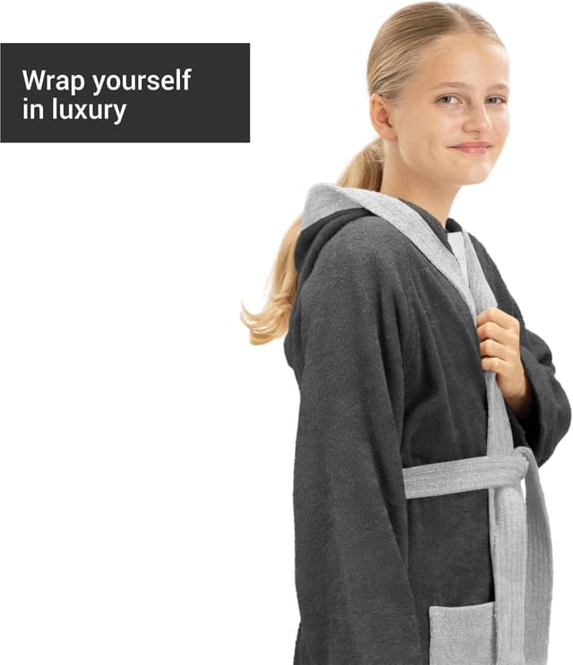 Thumbnail 6 de HOMELEVEL Kinder-Bademantel aus Frottee-Baumwolle mit Kapuze und Gürtel