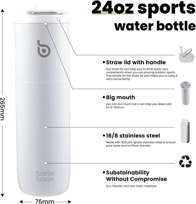 Detalle de BOTTLE BOTTLE Stainless Steel Water Bottle 700ml with Straw & Lid (White) – insulated sports tumbler