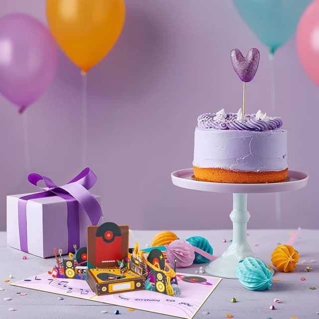 Detalle 2 de Record Player Pop Up Happy Birthday Greeting Card – musical 3D design with blank note card & envelope