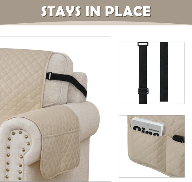 Detalle 2 de Lydevo copridivano impermeabile trapuntato 4 posti beige con braccioli e protezione antigraffio