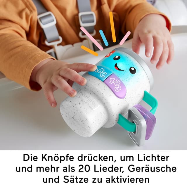 Detalle de Fisher-Price Lern- und Spielspaß Barista-Becher (HXF49) – interaktives Babyspielzeug mit 20 Melodien & Sprachauswahl