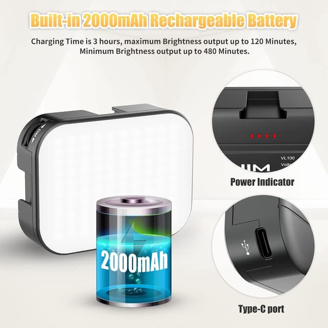 Detalle 2 de ULANZI VL100C : mini lampe vidéo LED 2500–6500K avec batterie 2000 mAh et filetage 1/4