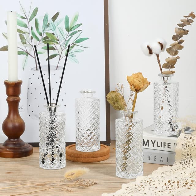 Thumbnail 6 de Lot de 6 mini vases en verre ComSaf (5 × 13 cm) – vases transparents motif diamant pour fleurs décoratives