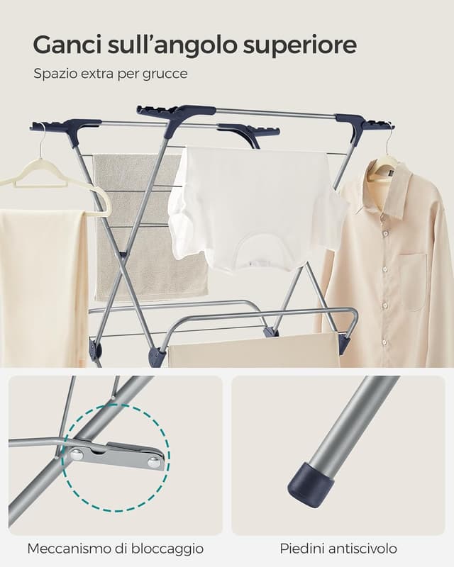 Detalle de SONGMICS Stendibiancheria verticale a torre pieghevole LLR715G01, struttura in acciaio, 42 x 62,5 x 150 cm