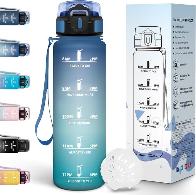 Detalle de Motswedi gourde de sport 1 l anti-fuite avec repères de temps et motivation (bleu & vert)